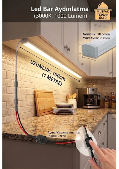 Tezgah Üstü Led Bar Adyınlatma Alüminyum 100cm 3000k