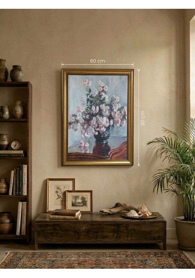 Gold Çerçeveli Nostaljik Vazoda Monet Kasımpatı Çiçekleri Tablosu - Lüx Salon Tablosu
