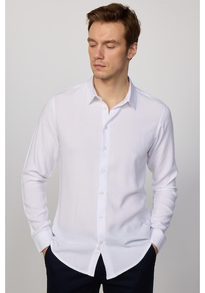 Tudors Slim Fit Uzun Kollu Dar Kesim Dökümlü Viskon Şık Erkek Beyaz Gömlek-26909 Beyaz