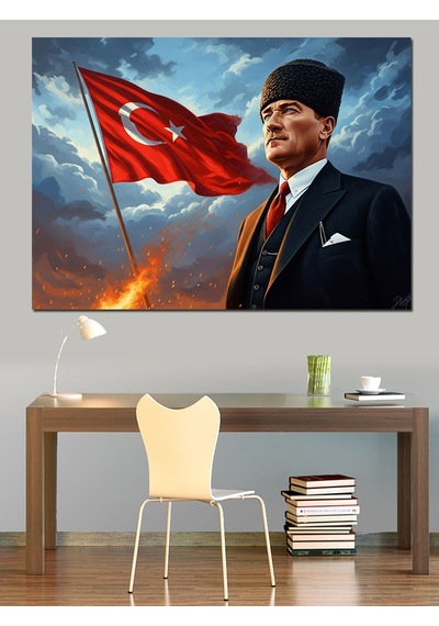 Türk Bayrağı Ve Atatürk Portresi Dekoratif Kanvas - Mdf Ahşap Tablo