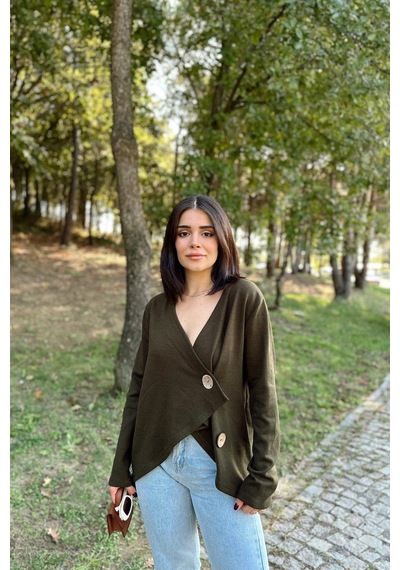 WeShaya Kadın Haki Asimetrik Kesim, Düğmeli, Salaş Hırka Bluz Haki