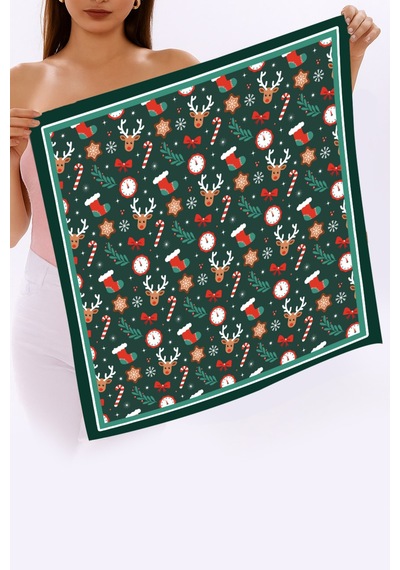 Tarzını Seç Yeni Sezon Yılbaşı Desenli Bandana Fular Yeni Yıl Hediyesi Şal Estascarf 70x70 Cm Yeşil