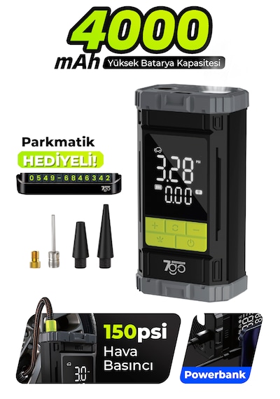7a6 Turbo Boost Şarjlı Hava Pompası 150 Psı Taşınabilir Lastik Şişirme Kompresörü 4000mah Powerban