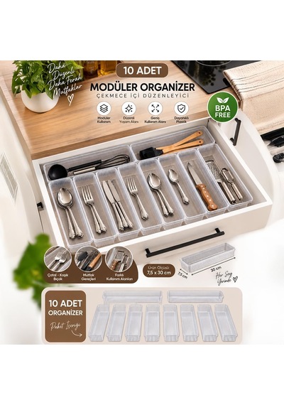 Tr 0382 10'lu Modüler Çekmece İçi Organizer Seti 30x7,5 Cm Şeffaf Mutfak, Kaşıklık, Çatal Bıçak Ve Makyaj Genel