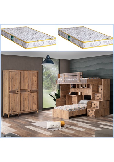 Setaymobilya Ranza, Natural Ranza Karyola Çalışma Masası Dolap+2 Comfort Yatak