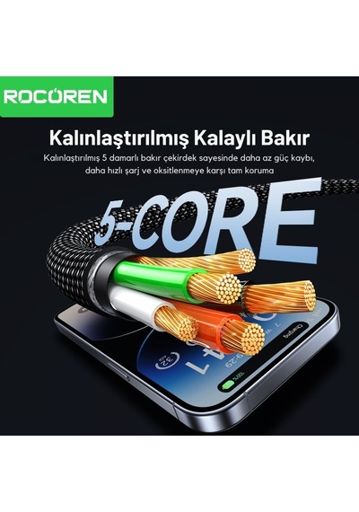 Rocoren 27w Type-c To Lightning Rgb Aydınlatmalı Örgülü Şarj Ve Data Kablosu 1 Metre