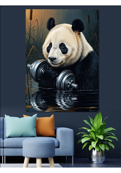 Ahşap Tablo Ağırlık Kaldıran Güçlü Panda Figürü