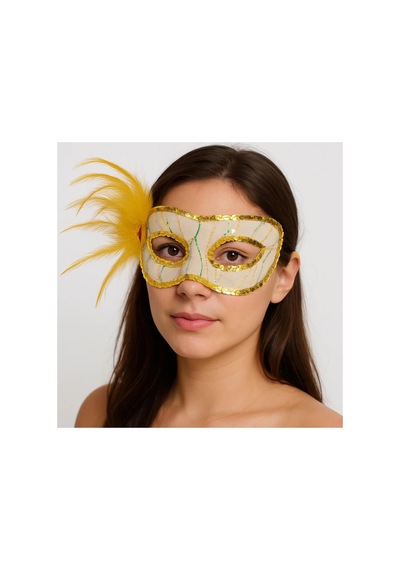 Altın Renk Yandan Tüylü Pul Payet İşlemeli Parti Maskesi 23x12 Cm - Parti Gözlüğü & Maske 0 - 99