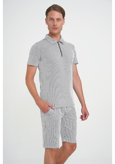 Efor Comfort Fit Fermuarlı Polo Yaka Dikine Çizgili Kısa Kol Siyah Tişört Ts 906 Siyah