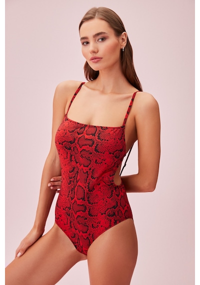 Suwen Red Snake Sırt Detaylı Desenli Mayo Sb253001025d1025 Kırmızı Yılan Desenli