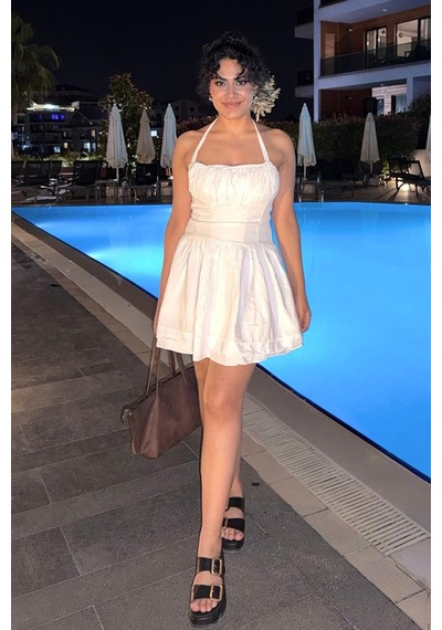 Madmext Beyaz Boyundan Bağlamalı Mini Elbise Mg2353 Beyaz