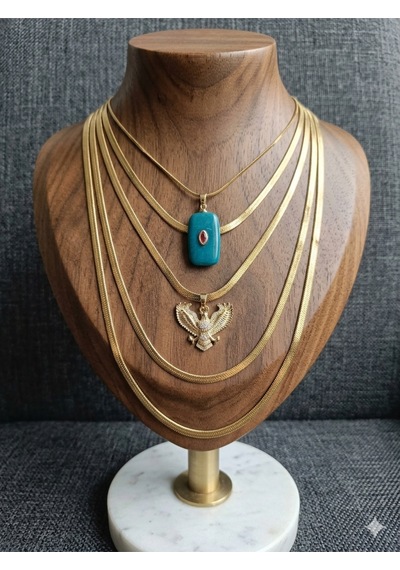 316l Çelik İtalyan Ezme Zincir Turkuaz Baget Taşlı Ve Kartal Figürlü İkili Kombin Kadın Kolye Altın