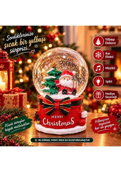 2027 Yılbaşı Yeni Yıl Hediyesi Işıklı Müzikli Merry Christmas Temalı Noel Baba Kar Küresi 13x8 Cm