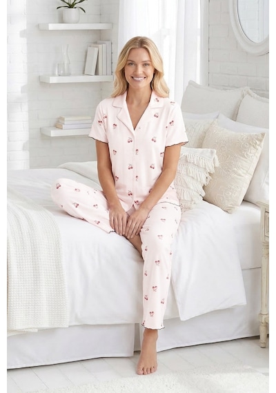 Cottonhill Krem Kiraz Desenli Pointel Gömlek Yaka Kadın Pijama Takımı