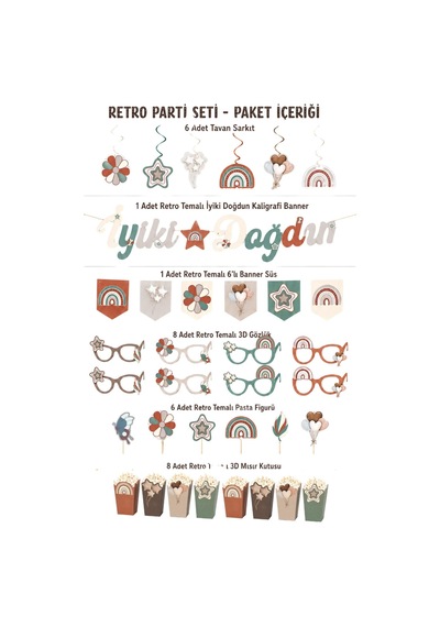 Retro Temalı Doğum Günü Parti Seti İyi Ki Doğdun Banner, Tavan Sarkıt, Gözlük, Pasta Süsü Ve Mısır Kutusu Krem