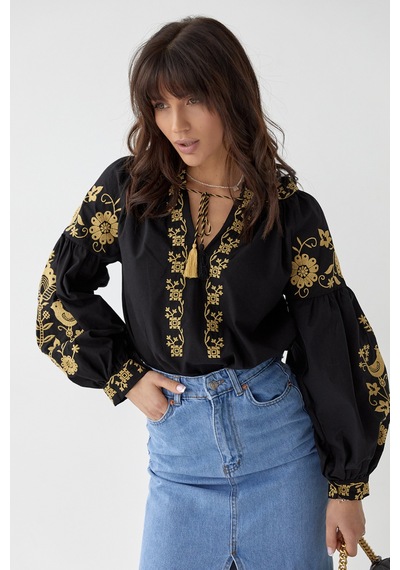 Femelle Kadın Siyah Püsküllü Nakış İşlemeli Vintage Bluz