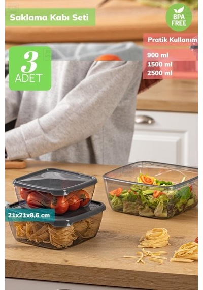 3 Lü Kare Saklama Kabı Seti Erzak Kabı Buzdolabı Kabı Bpa Free Şeffaf