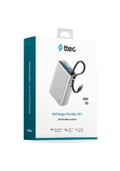 Ttec-recharger Pro Max Tft 20.000mah Pd 65w Usb-c Dahili Kablolu Taşınabilir Hızlı Şarj Aleti / Powerbank Gümüş