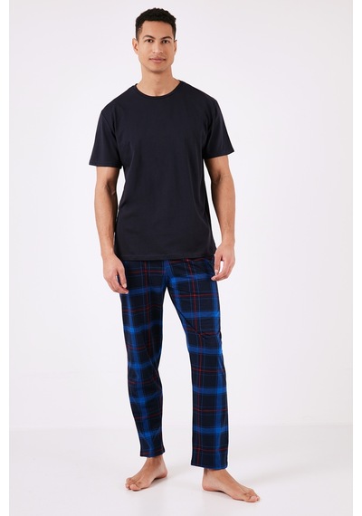 Buratti Ekoseli Pamuklu Regular Fit Kısa Kollu Erkek Pijama Takımı 6572006 Lacivert-Saks
