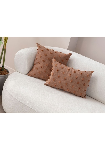 Swita Home Dekoratif Puantiye Keten Kumaşlı Kırlent Kılıfı 2'li 43x43 - 30x50 Kahverengi