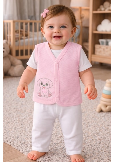 Baby Shez %100 Organik Pamuklu Yenidoğan Kız Erkek Bebek Yelek Mevsimlik 3-6 6-9 9-12 Ay Pembe