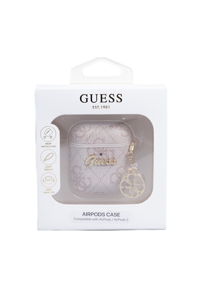 Apple Uyumlu AirPods Kılıf Guess Lisanslı 4g Desenli Metal Script Logolu 4g Charm Sağdan Askılı Pu Deri Pembe