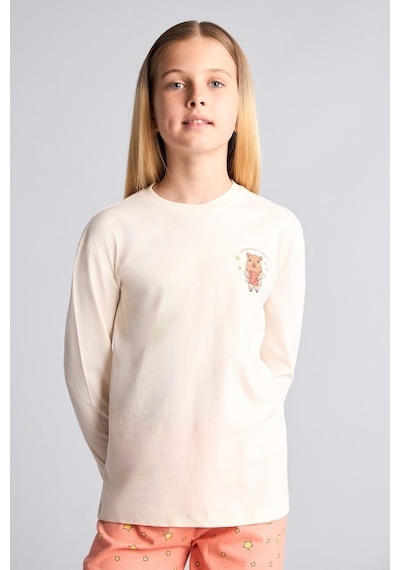 Defacto Bisiklet Yaka Uzun Kollu Baskılı Regular Fit 2li Pijama Takımı Kız Çocuk I2286a826auer233 Ekru-er233