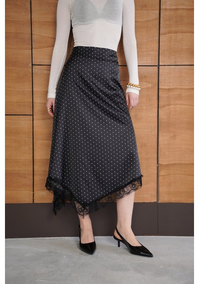 Verymoda Dantel Detaylı Puantiyeli Saten Etek F2077 Siyah