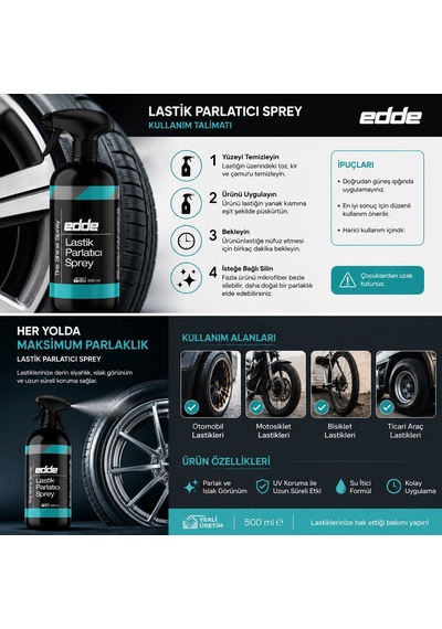 Edde Araba Araç Oto Lastik Parlatıcı Temizleyici Sıvı Lastik Temizleme 500 Ml Oto Detailing