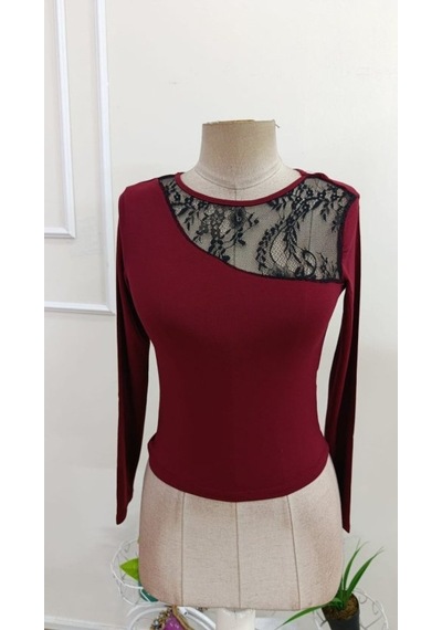 Bhrwear Kadın Uzun Kollu Yuvarlak Yakalı Dantel Detaylı Asimetrık Kesim Detaylı Viskon Bluz Renkli