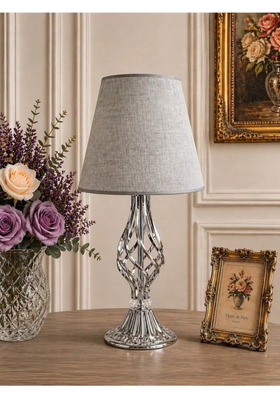 Gri Kumaş Başlık Metal Burgu Ayaklı Modern Abajur 50x25 Cm