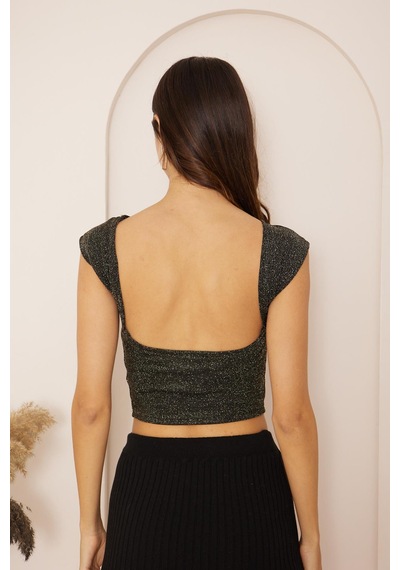 Darlin Moda Kadın Siyah Gold Simli Sırt Dekolteli Crop Bluz Dm8001 Siyah