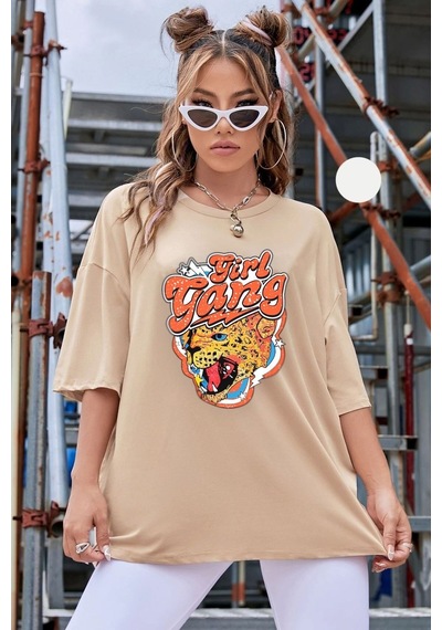 Unisex Girl Gang Baskılı T-shirt Bej