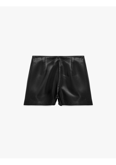 Koton Slim Fit Pileli Suni Deri Görünümlü Şort Etek Siyah 7wak70071pw