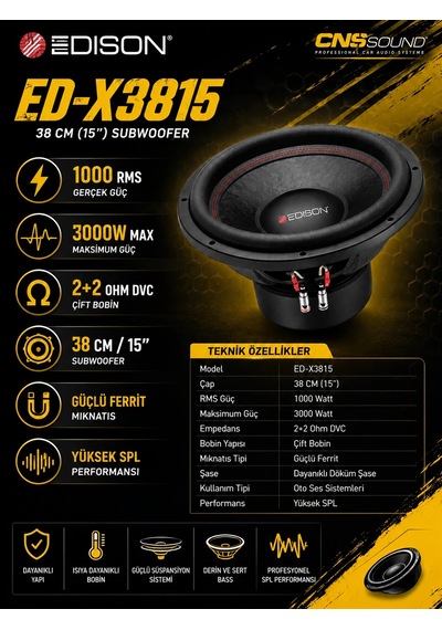 Edison Ed-x3815 38 Cm 1000 Rms 3000w 2+2 Ohm Oto Bass Subwoofer