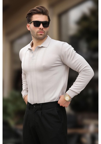Madmext Gri Polo Yaka Çizgili Erkek Triko Kazak 7265 Gri