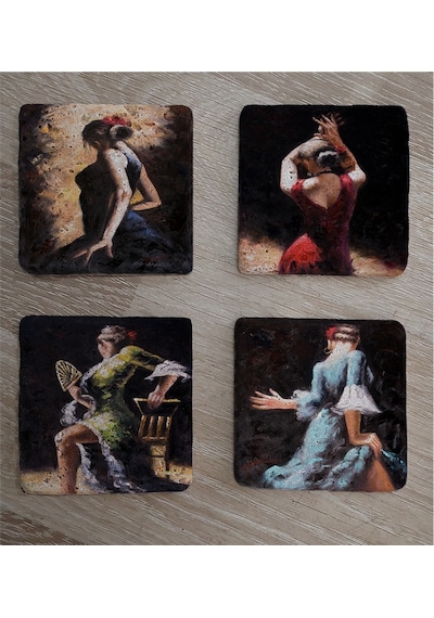 İspanyol Dansçı Kadınlar Doğal Taş Bardak Altlığı 4'lü Set - Natural Stone Coasters - Taş Çok Renkli