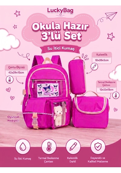 Kore Kawaii Tarzı Erkek Kız Okul Çantası Aksesuarlı Kız Çocuk Ve Erkek Çocuk Sırt Çantası 3'lü Set Pembe