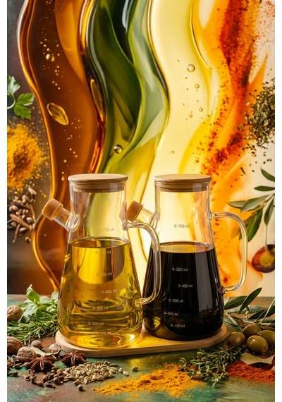 2'li 900 Ml Bambu Kapaklı Ve Altlıklı Borosilikat Cam Yağdanlık, Isıya Dayanıklı, Yağ/sirke/sosluk Şeffaf