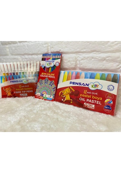Kidz İlkokul 12'li Keçeli Boya + 12'li Kuru Boya + 12'li Pastel Boya Ergonomik Üçlü Boya Seti