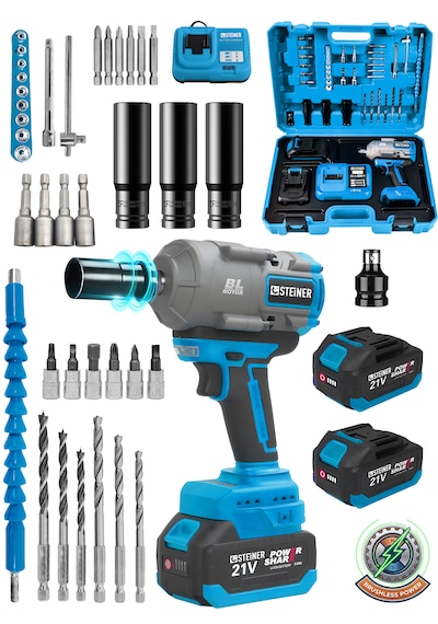 Steiner 21v 1100 Nm Kömürsüz Torklu Çift Akülü 10 Pilli 1/2 Mavi Şarjlı Somun Sıkma Sökme Makinesi + 38 Parça