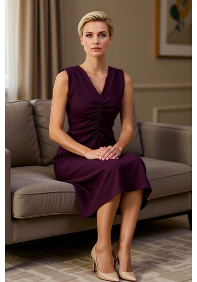 Benerly Kadın V Yaka Düşük Kol Kısa Kollu Bodycon Kalıp Midi Dokuma Elbis Mürdüm