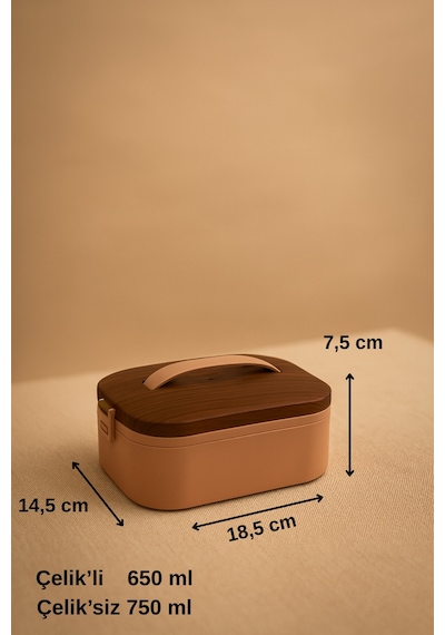 Lunchee - Çelik Bölmeli Sızdırmaz Ahşap Görünümlü Vakum Kapaklı Yemek Kabı Lunchbox 650 Ml Pembe