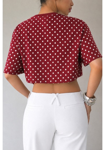 Hımmelduf Kadın Puantiye Desenli Crop Tişört Basic Oversize Yazlık Bluz Bordo