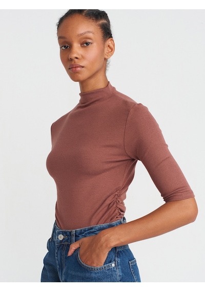 Dilvin 31470 Dik Yaka Büzgülü T-shirt Kahverengi Kahve