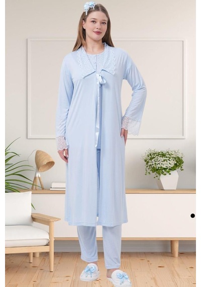 Mecit Pijama Mecit 1541 Bayan Hamile Lohusa Mavi Uzun Sabahlıklı Pijama Takımı