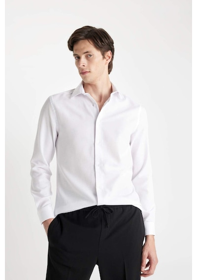 DeFacto Modern Fit Polo Yaka Poplin Uzun Kollu Beyaz Gömlek R4340AZNSWT60