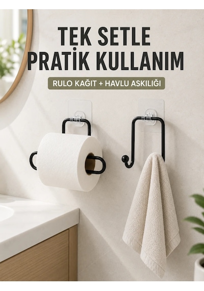 Banyo Ve Mutfak İçin Yapışkanlı Havlu Askılığı Ve Rulo Kağıt Tutucu Set Siyah