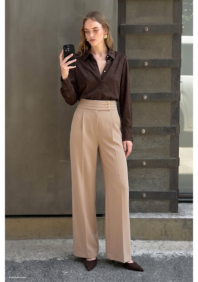 Sateen Bel Detaylı Pantolon - Koyu Bej-137809