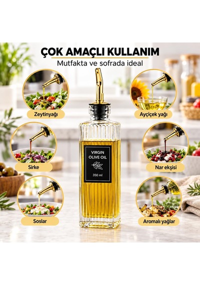 Cam Yağdanlık 350 Ml - Gold Tipal Akıtmaz Başlıklı Yağlık Sirkelik - Zeytinyağı Ayçiçek Yağı Sirke Ve Soslar İçin Çizgili Cam Şişe - Damlama Önleyici Mutfak Yağ Şişesi 7x7x22 Cm Diğer